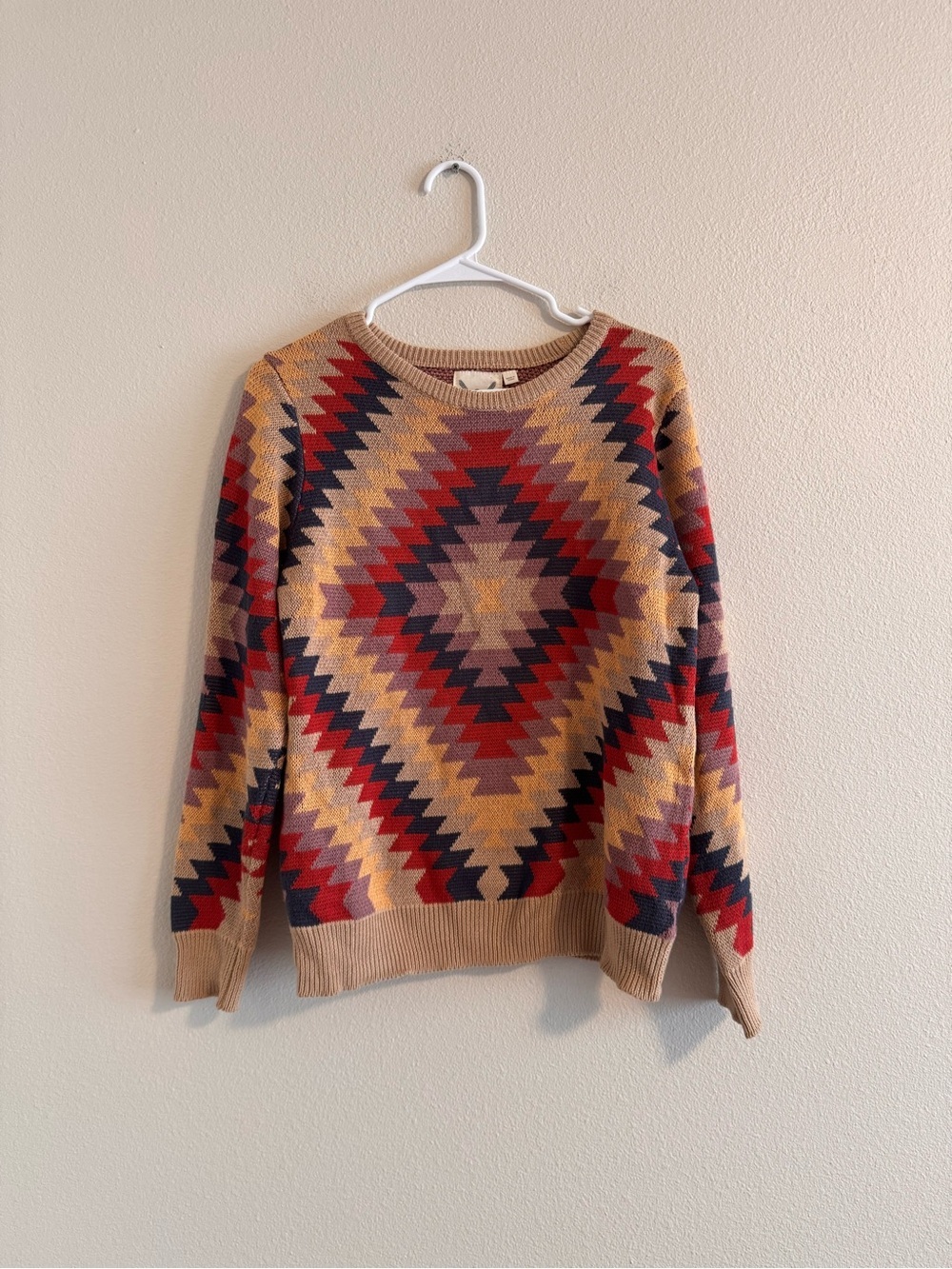 Cotton & Rye Crewneck Sweater in Tan with Red & Navy Geo Pattern